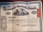 $500 Stock certificate for Harmony Savings Bank, owned by Amelia and signed by President Alfred Pearce.