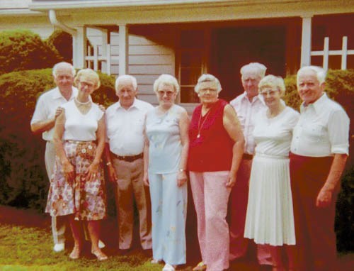 Wesley & Bessie boys with wives: Dale & Helen, Ralph & Ruth, Belle & Walt, Esther & Howard (c. 1975)